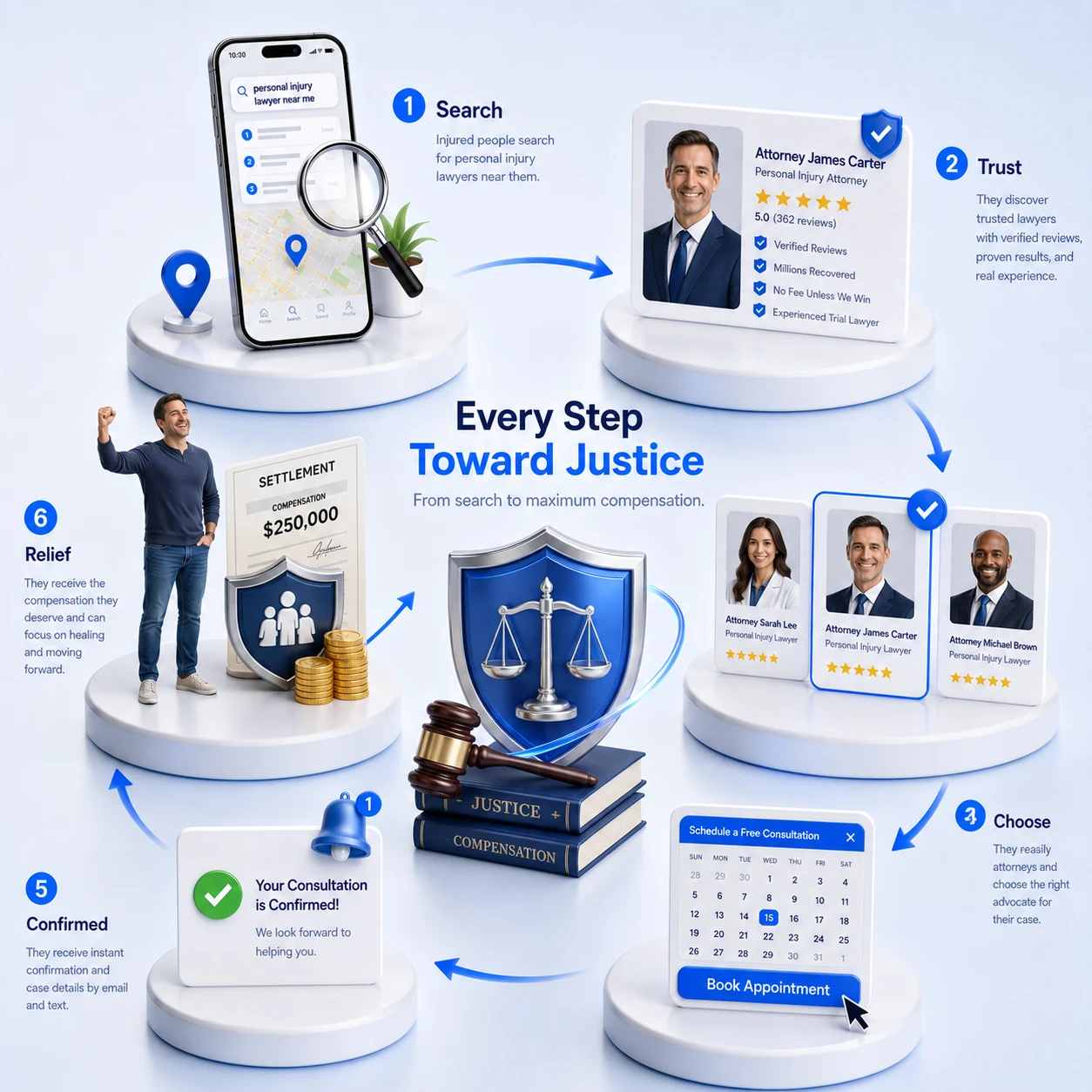 A personal injury client journey flowchart in six steps, search, trust, choose, free case review, signed and resolved, showing how a credible, conversion-first website turns an injured searcher into a signed case, designed by Proximity Ranker