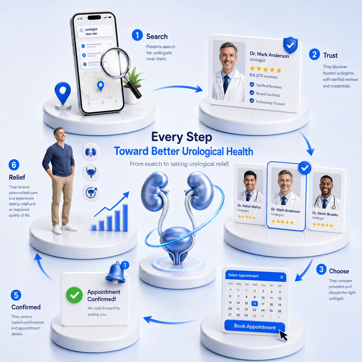 A urology patient journey flowchart in six steps, search, reassure, choose, book discreetly, confirmed and cared for, showing how a reassuring, conversion-first website turns a private search into a booked patient, designed by Proximity Ranker