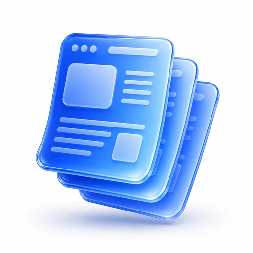 Glossy blue 3D icon of a stack of website page layouts, for pages and structure