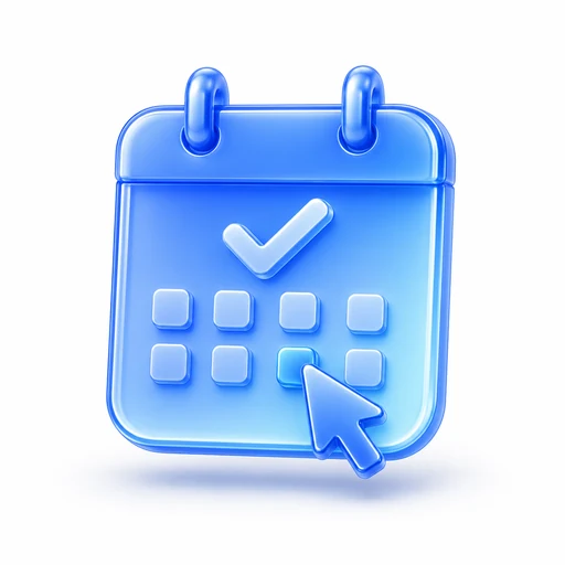 Glossy blue 3D calendar icon with a checkmark and a cursor, for online booking and conversion