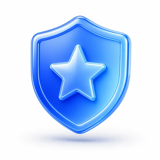 Glossy blue 3D shield icon with a star, for trust and content
