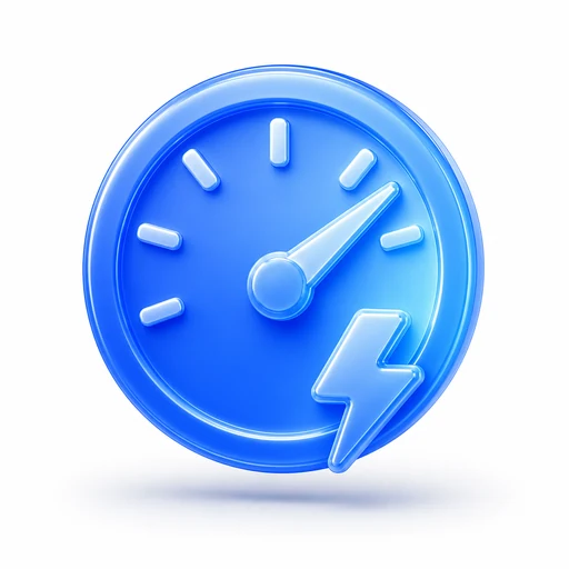Glossy blue 3D speedometer icon with a lightning bolt, for website performance