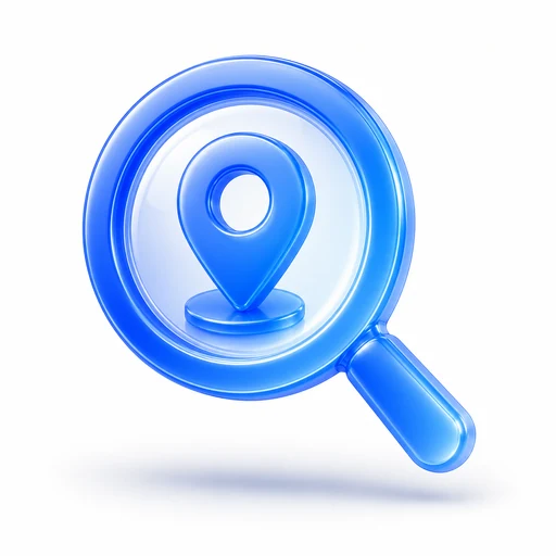 Glossy blue 3D magnifying glass icon over a location pin, for findability and local search