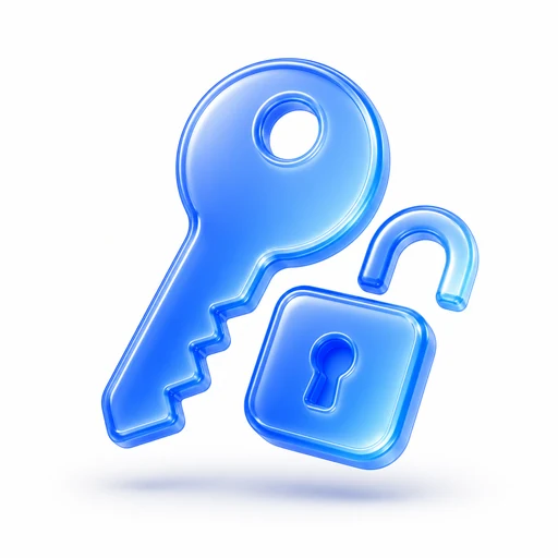 Glossy blue 3D key and open padlock icon, for site ownership and handover