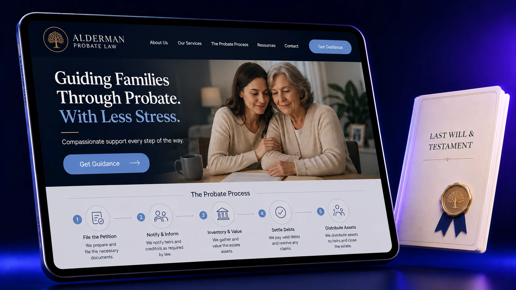 Probate and estate administration law firm website design concept on a tablet, designed by Proximity Ranker