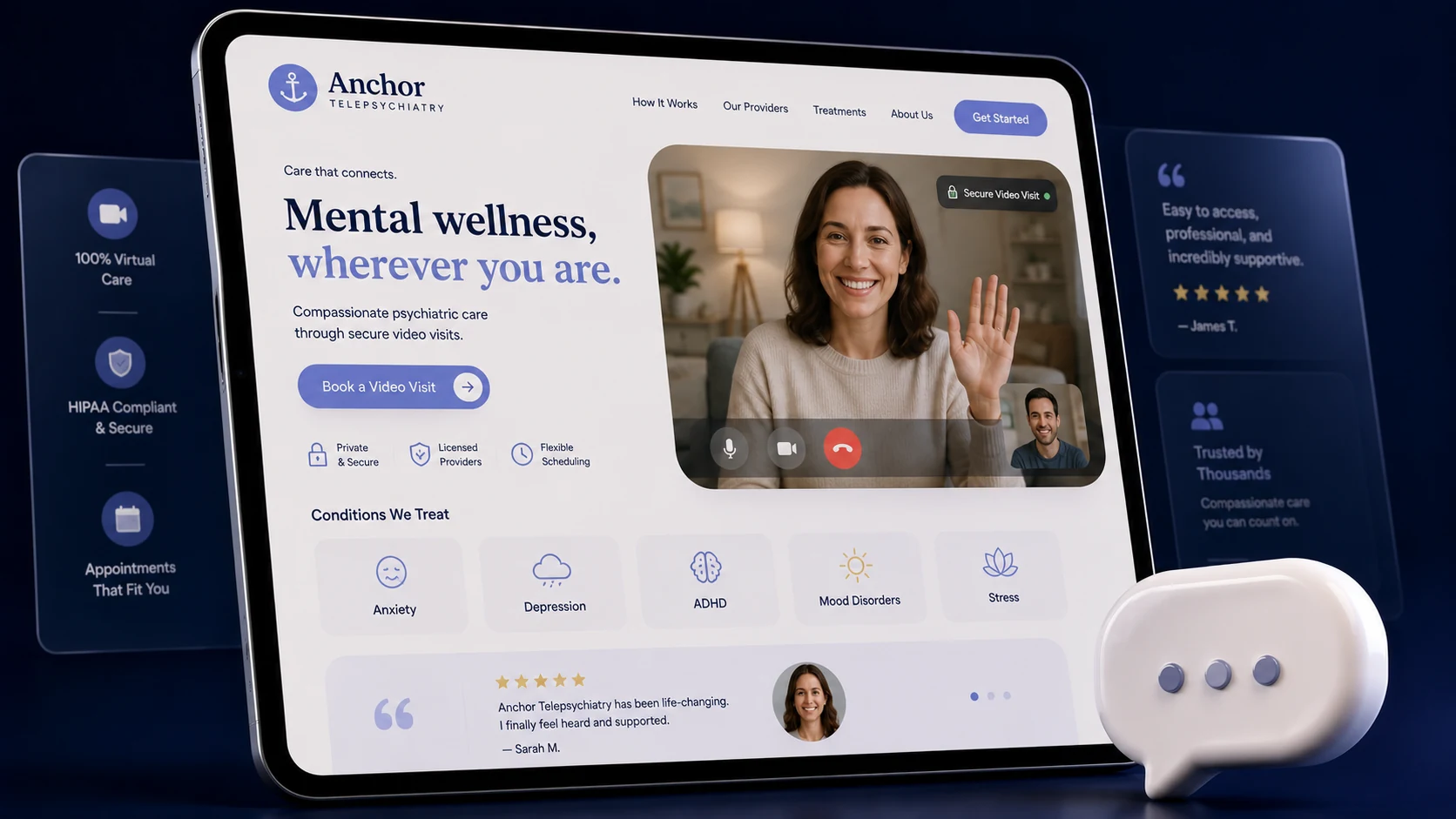 Telepsychiatry website design concept on a tablet, designed by Proximity Ranker
