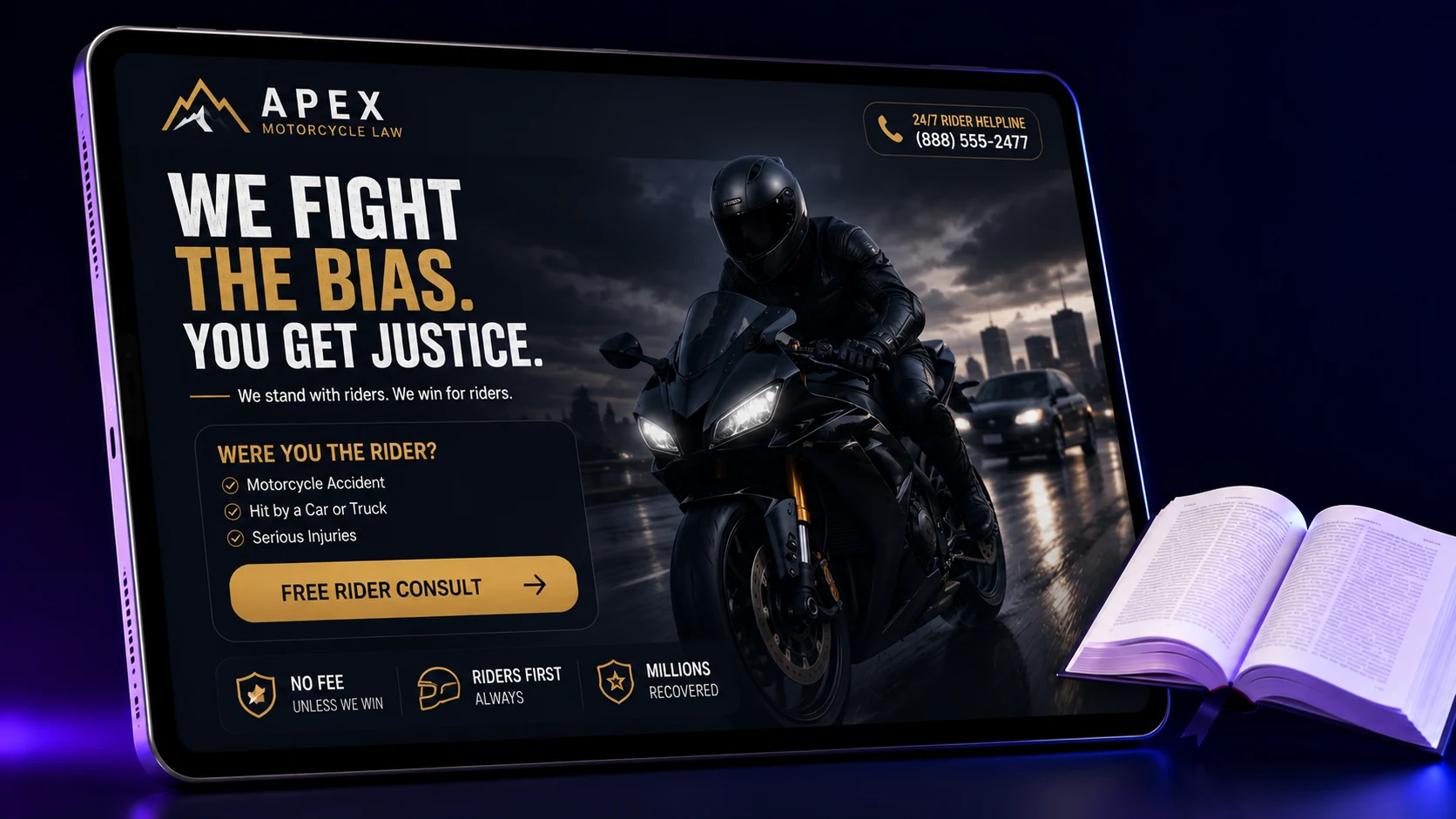 Motorcycle accident law firm website design concept on a tablet, designed by Proximity Ranker