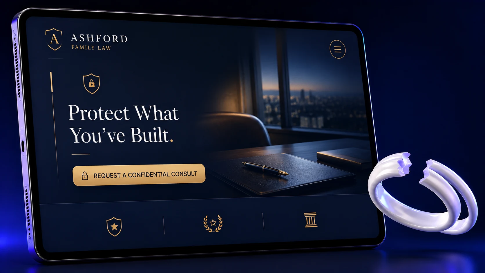 High-net-worth divorce and asset division law firm website design concept on a tablet, designed by Proximity Ranker