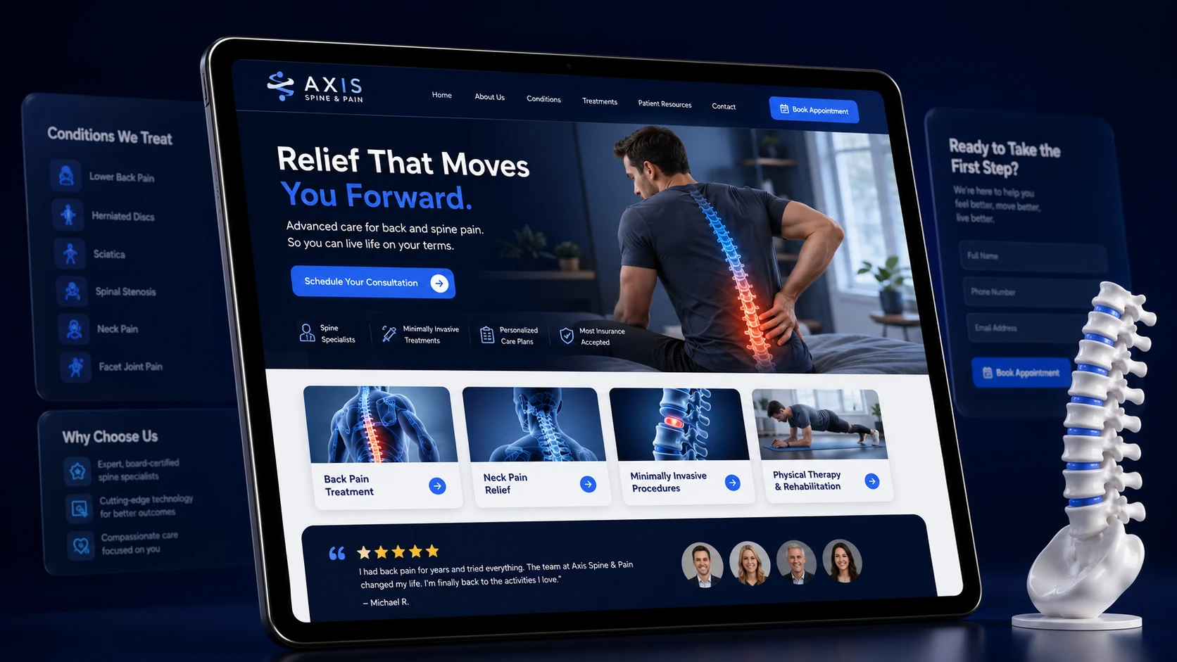 Back and spine pain clinic website design concept on a tablet, designed by Proximity Ranker