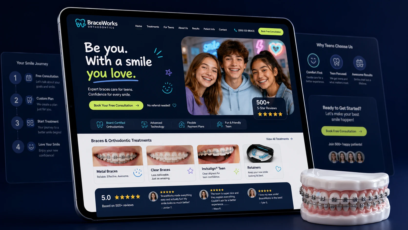 Teen braces orthodontic practice website design concept on a tablet, designed by Proximity Ranker
