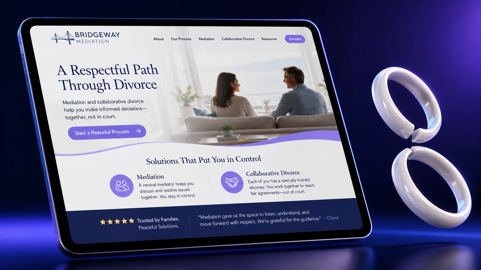 Mediation and collaborative divorce law firm website design concept on a tablet, designed by Proximity Ranker
