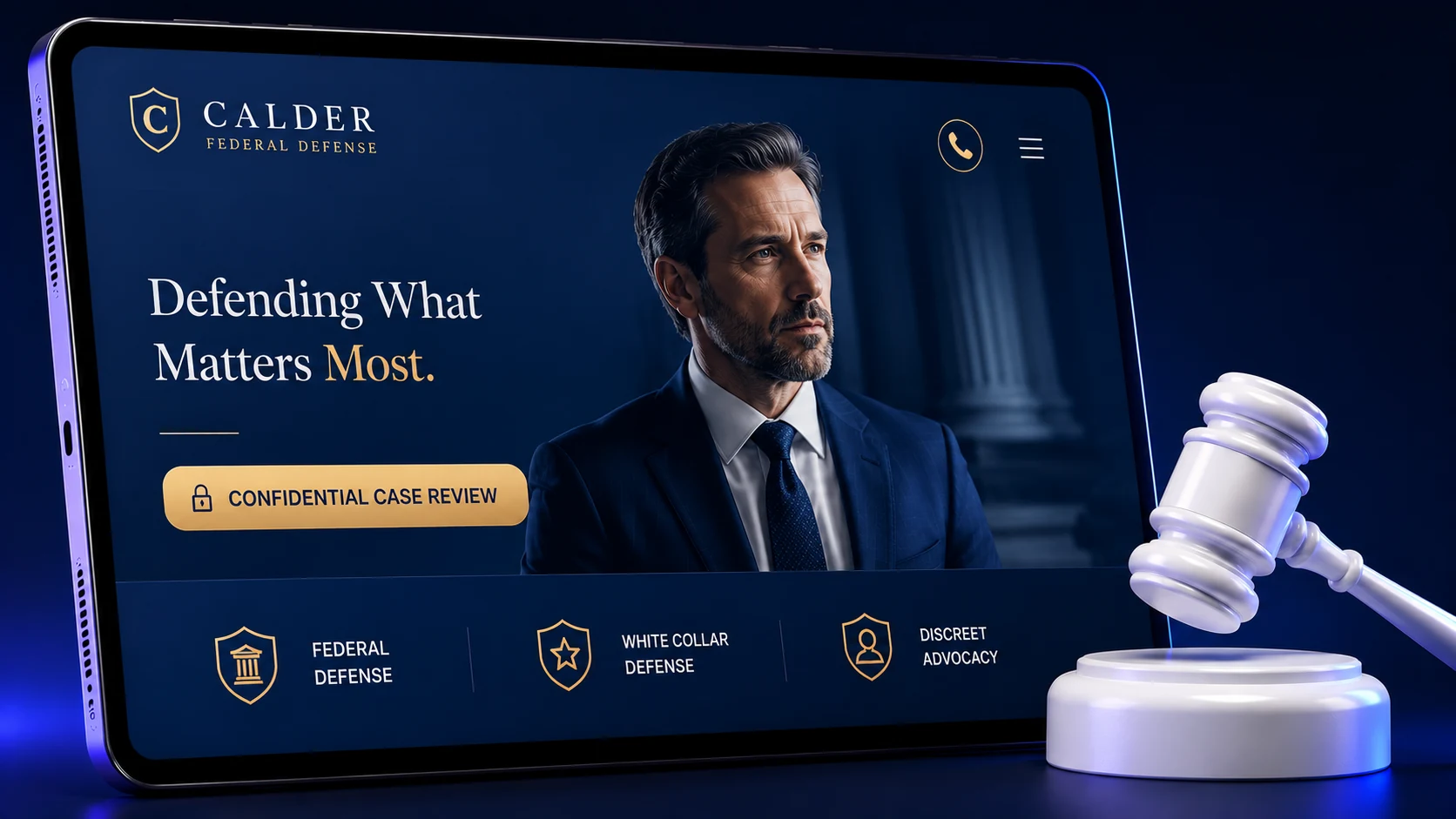 Federal and white collar criminal defense law firm website design concept on a tablet, designed by Proximity Ranker