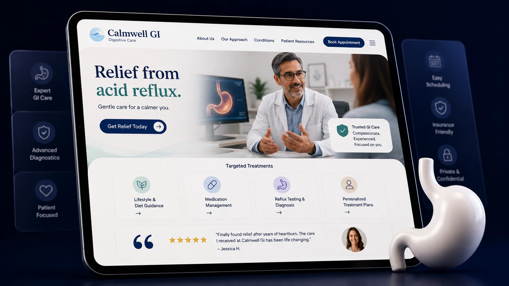 Acid reflux and heartburn GI clinic website design concept on a tablet, designed by Proximity Ranker