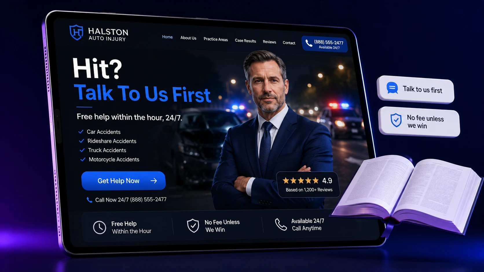 Car and auto accident law firm website design concept on a tablet, designed by Proximity Ranker