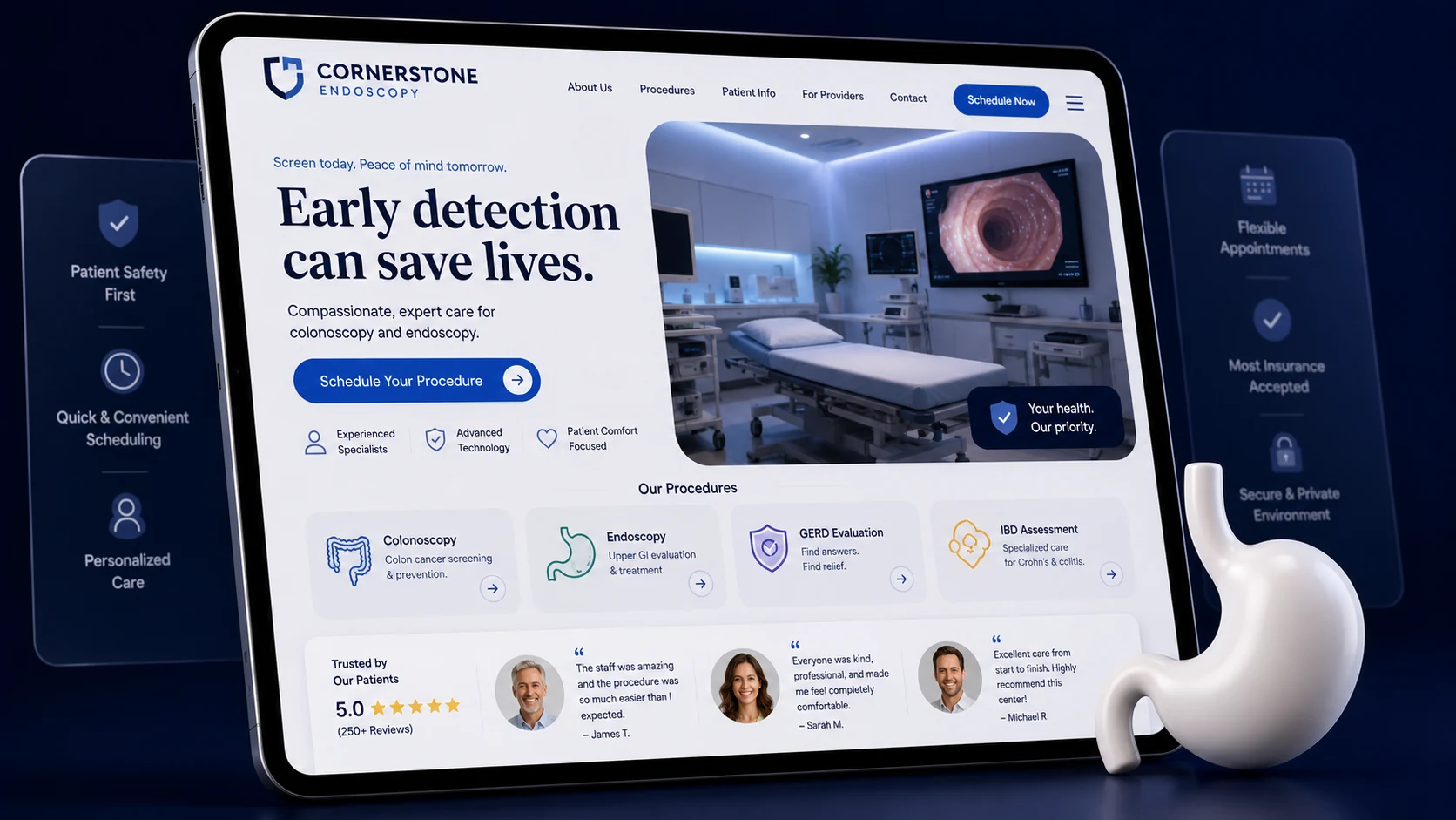 Colonoscopy and endoscopy center website design concept on a tablet, designed by Proximity Ranker