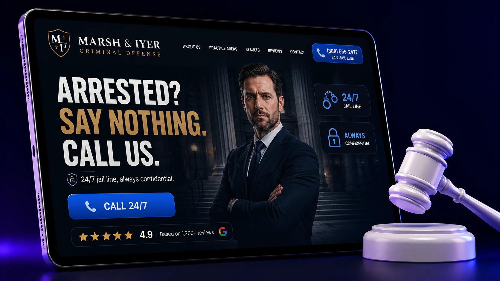 General criminal defense law firm website design concept on a tablet, designed by Proximity Ranker
