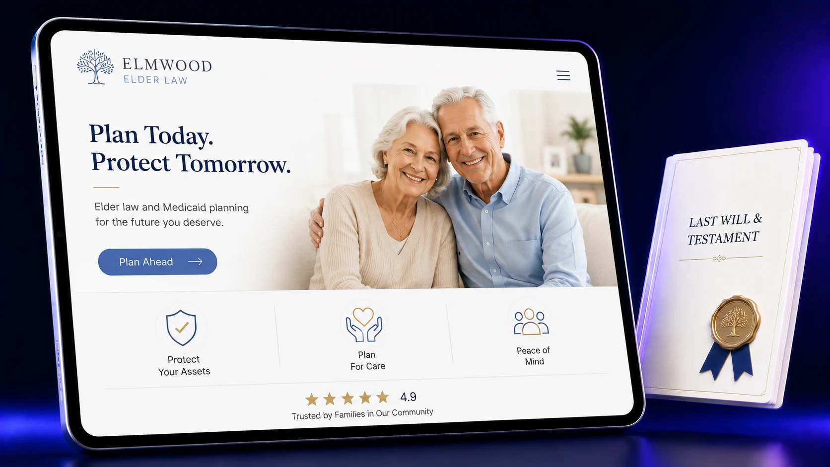 Elder law and Medicaid planning law firm website design concept on a tablet, designed by Proximity Ranker