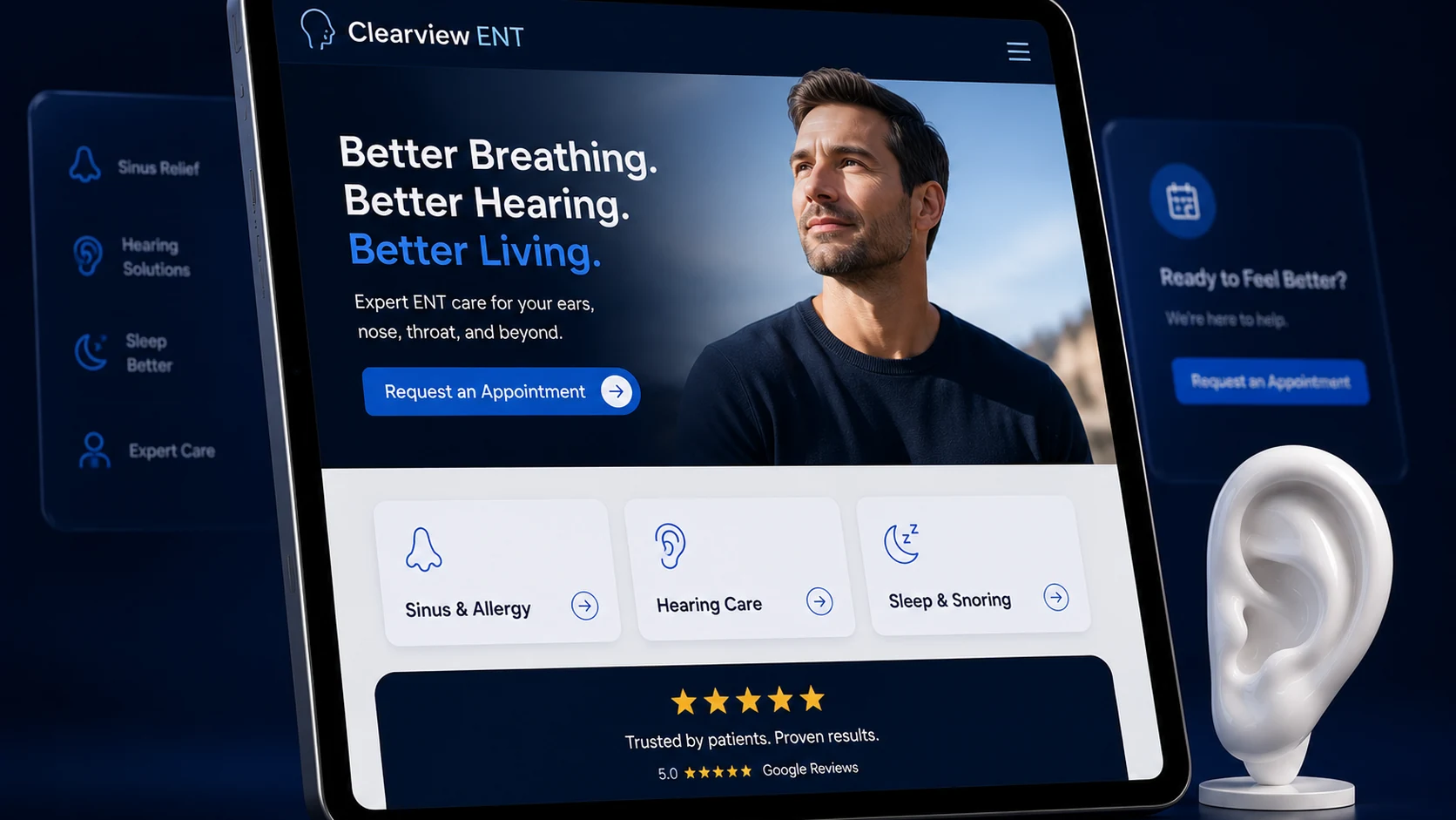 Comprehensive ENT and sinus practice website design concept on a tablet, designed by Proximity Ranker