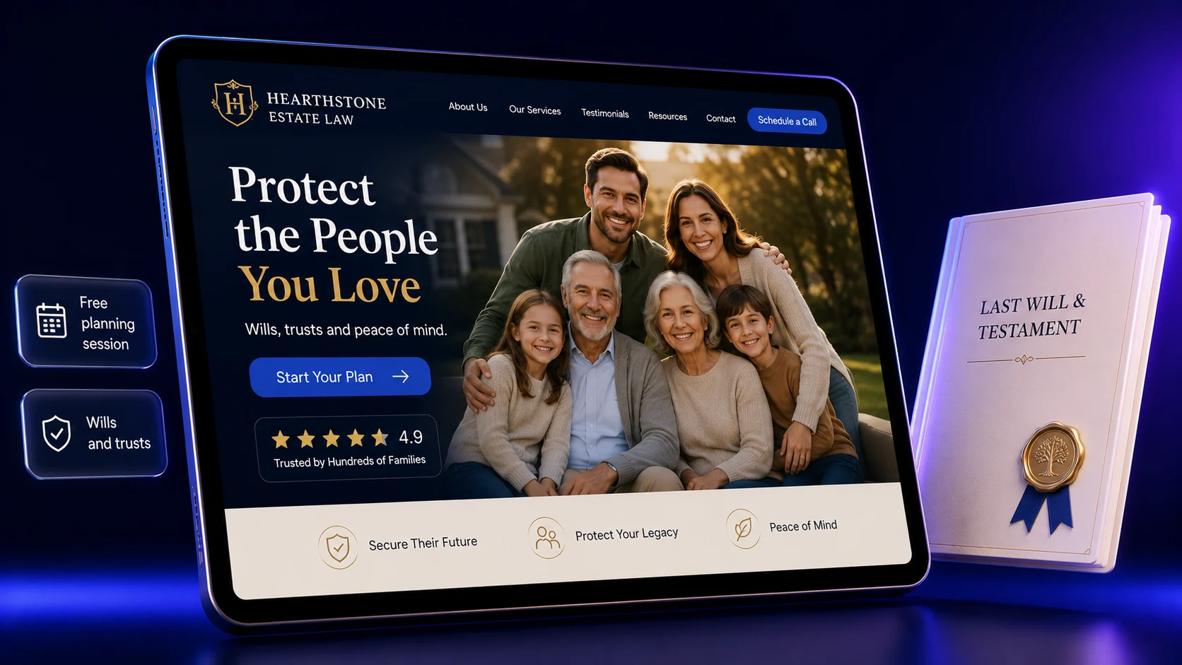 Wills and living trusts estate planning law firm website design concept on a tablet, designed by Proximity Ranker