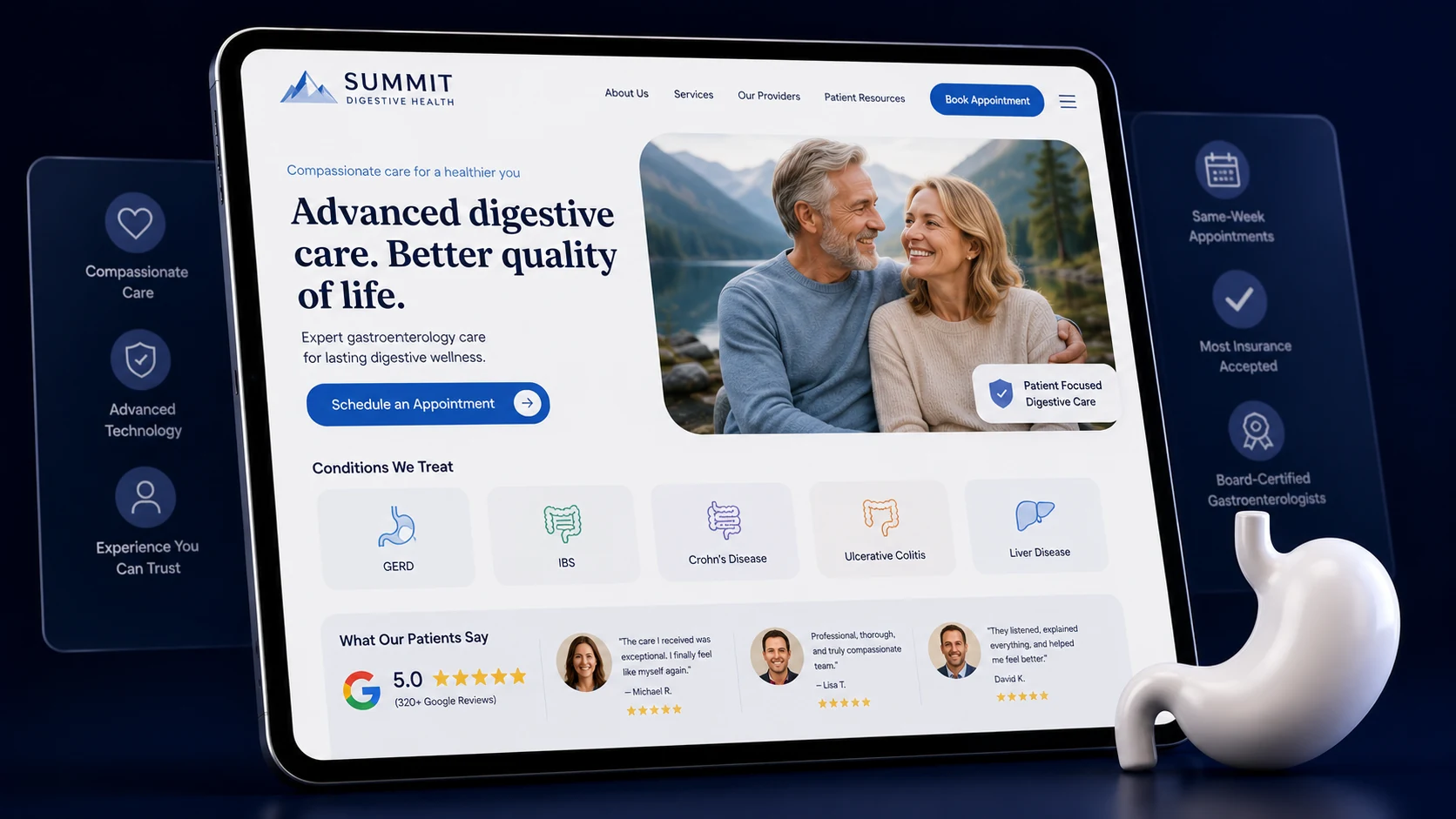 General gastroenterology practice website design concept on a tablet, designed by Proximity Ranker