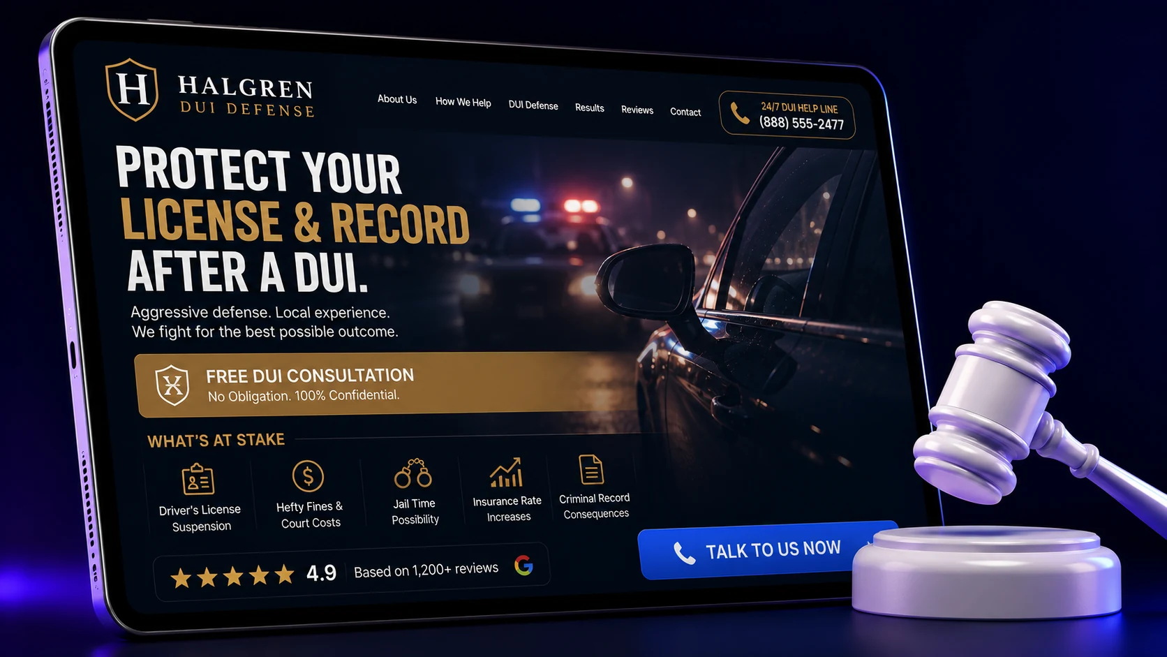 DUI and DWI defense law firm website design concept on a tablet, designed by Proximity Ranker