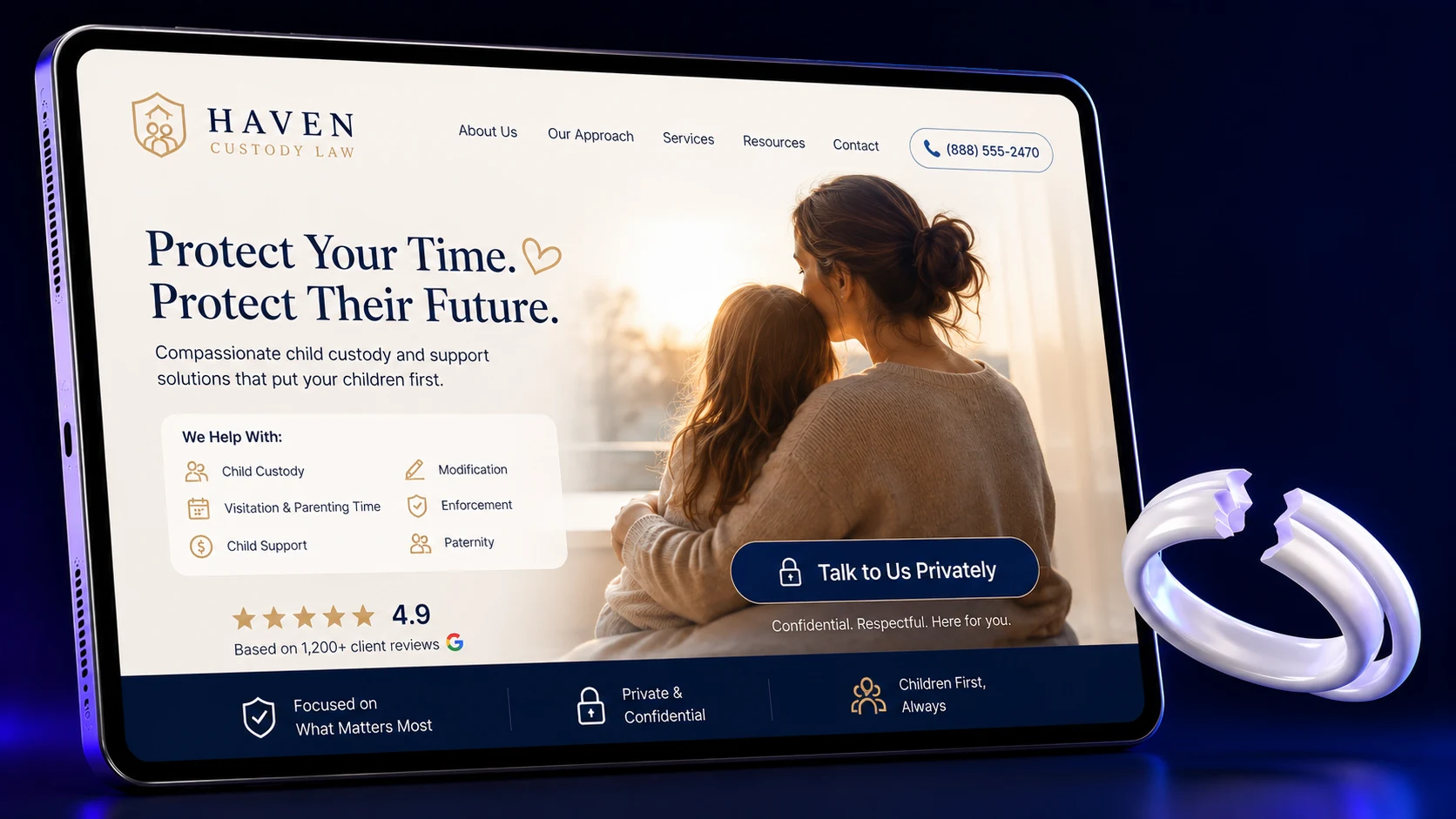 Child custody and support family law firm website design concept on a tablet, designed by Proximity Ranker
