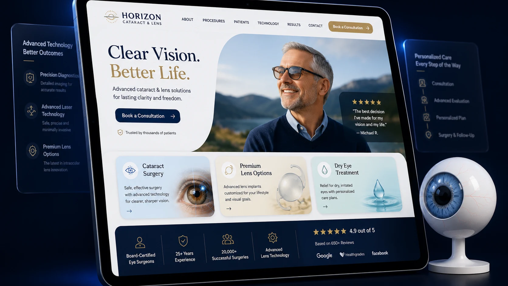 Cataract and lens surgery website design concept on a tablet, designed by Proximity Ranker