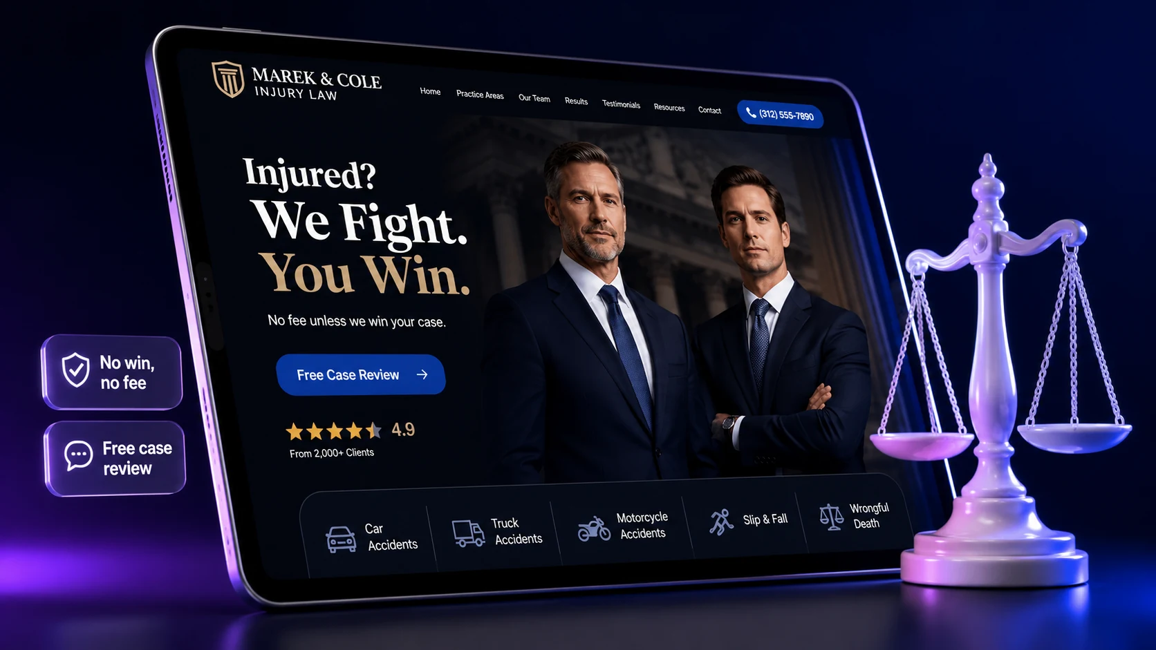 Full-service personal injury law firm website design concept on a tablet, designed by Proximity Ranker