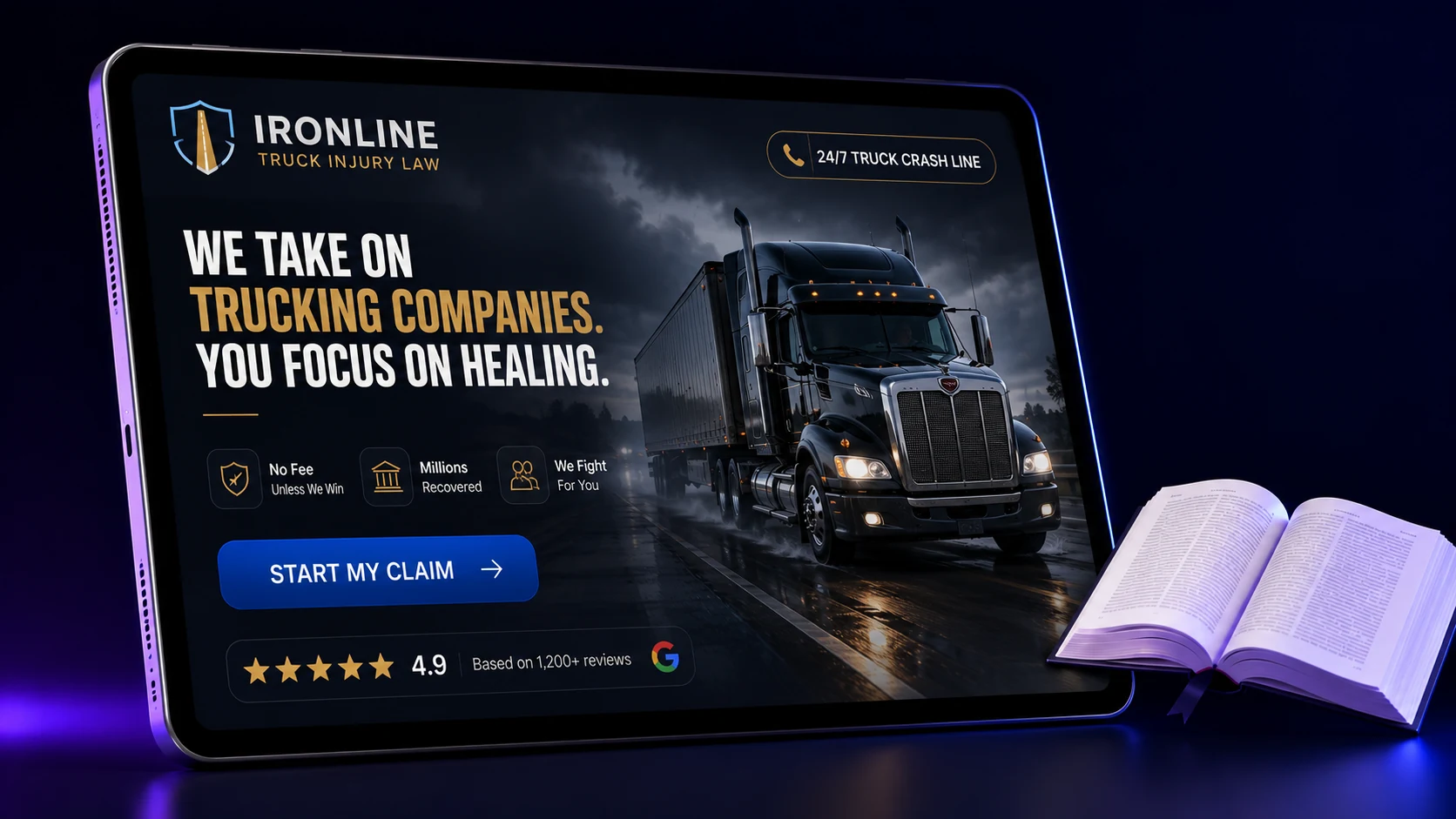 Truck and 18-wheeler accident law firm website design concept on a tablet, designed by Proximity Ranker