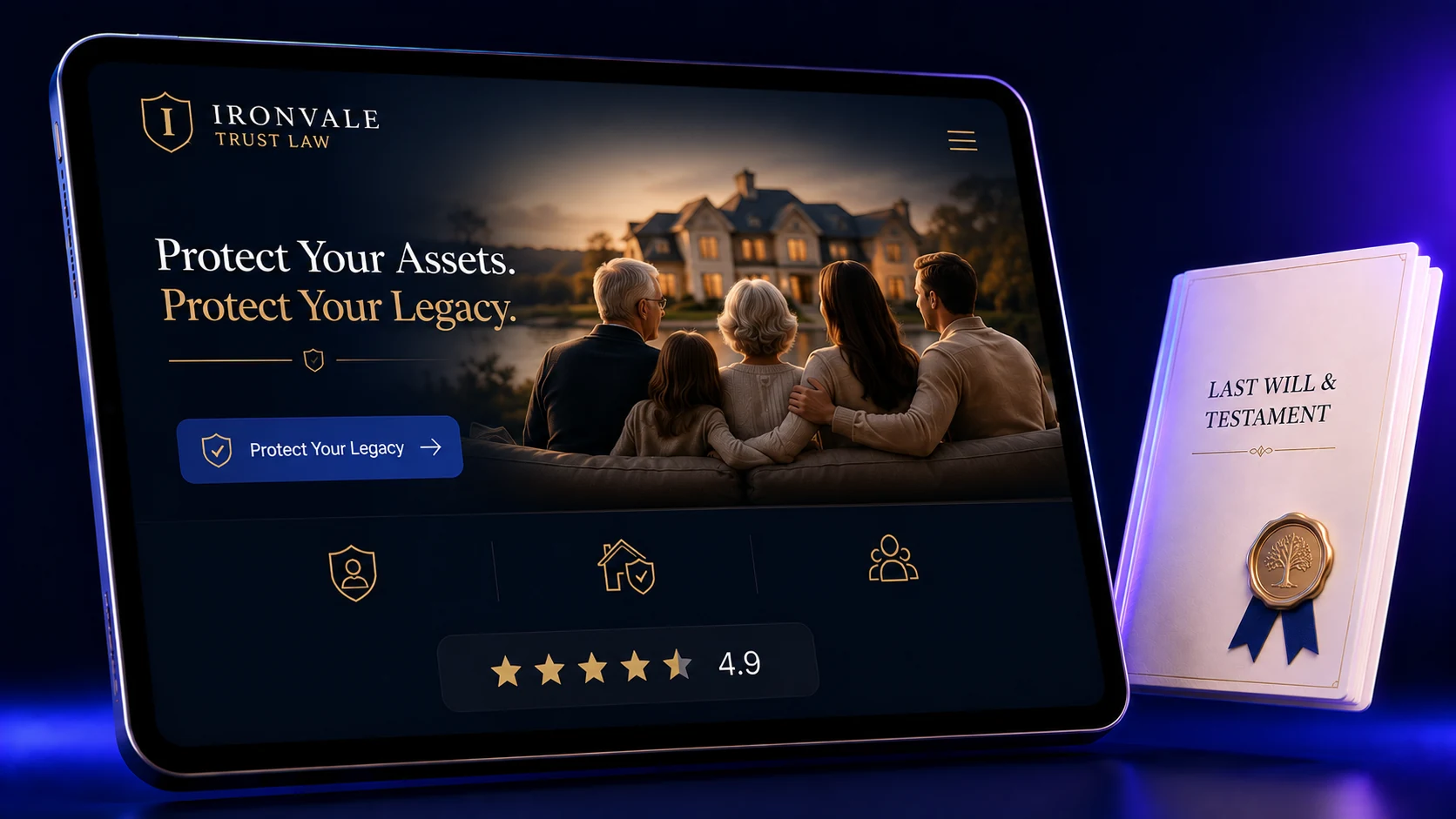 Trusts and asset protection estate planning law firm website design concept on a tablet, designed by Proximity Ranker