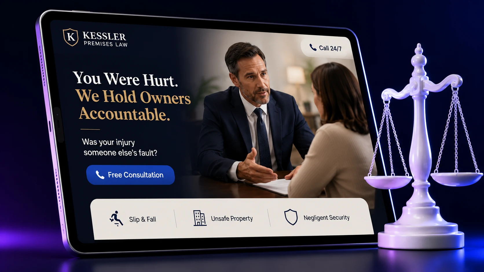 Slip and fall premises liability law firm website design concept on a tablet, designed by Proximity Ranker