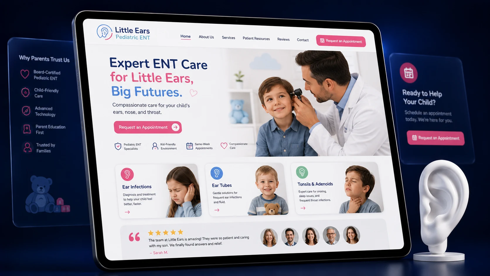 Pediatric ENT practice website design concept on a tablet, designed by Proximity Ranker