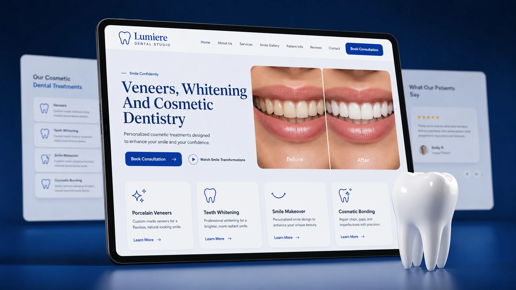 Cosmetic dentistry website design concept on a tablet, designed by Proximity Ranker