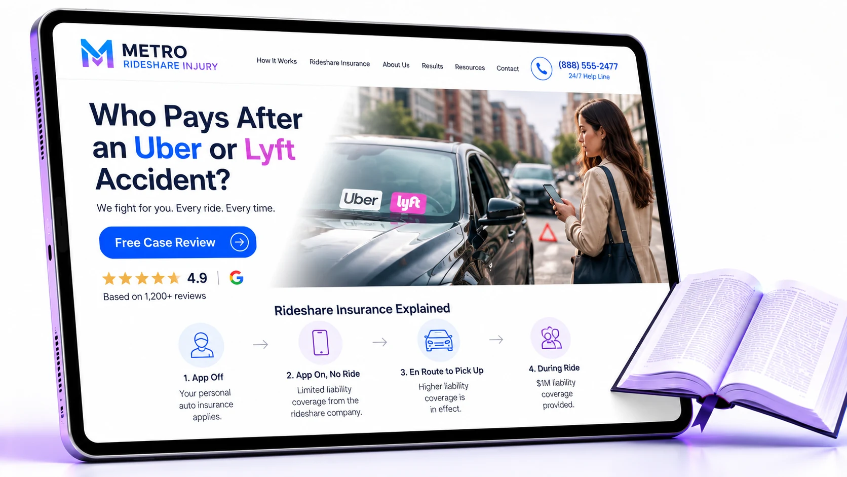 Rideshare and Uber accident law firm website design concept on a tablet, designed by Proximity Ranker