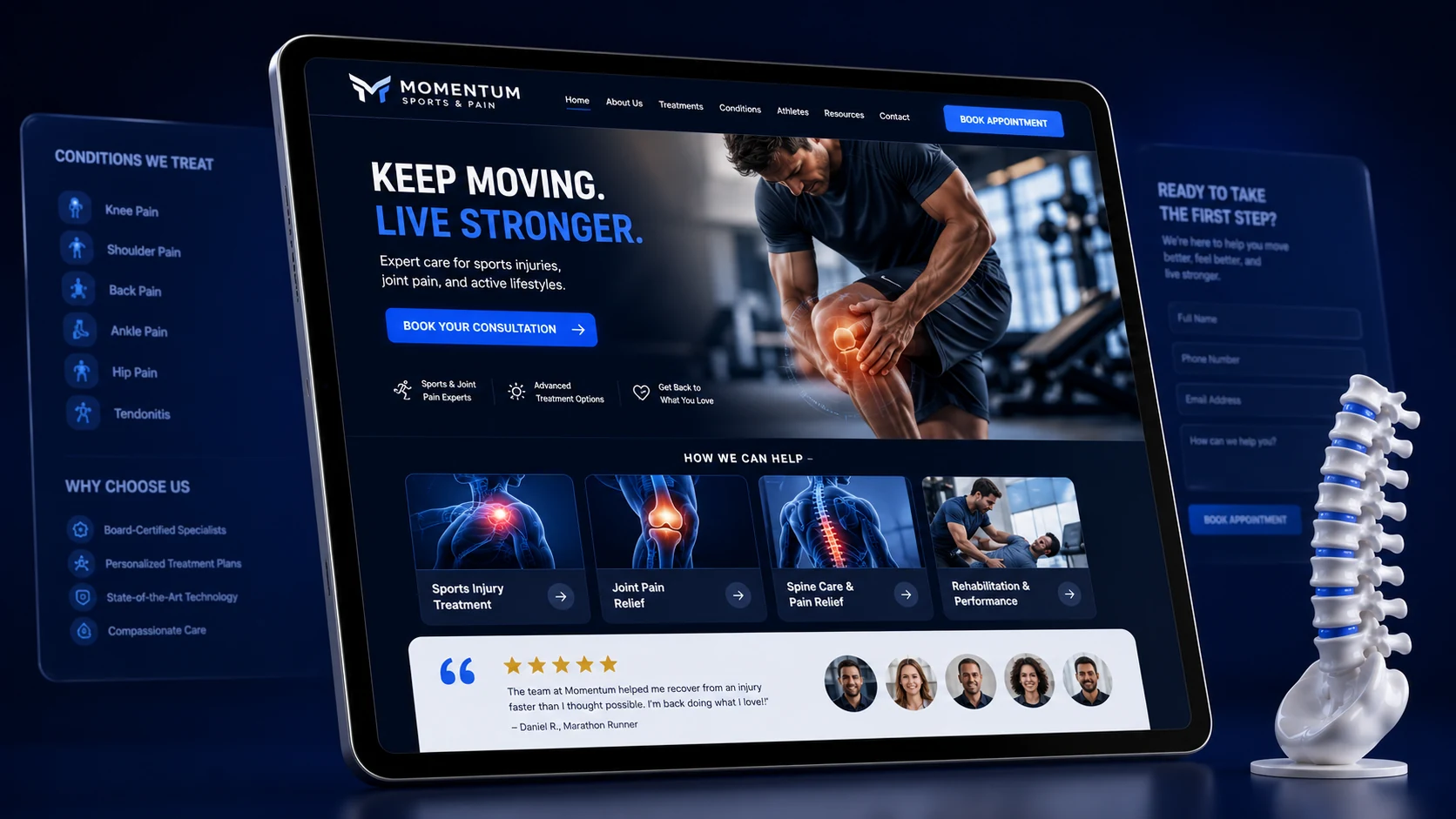 Sports and joint pain clinic website design concept on a tablet, designed by Proximity Ranker