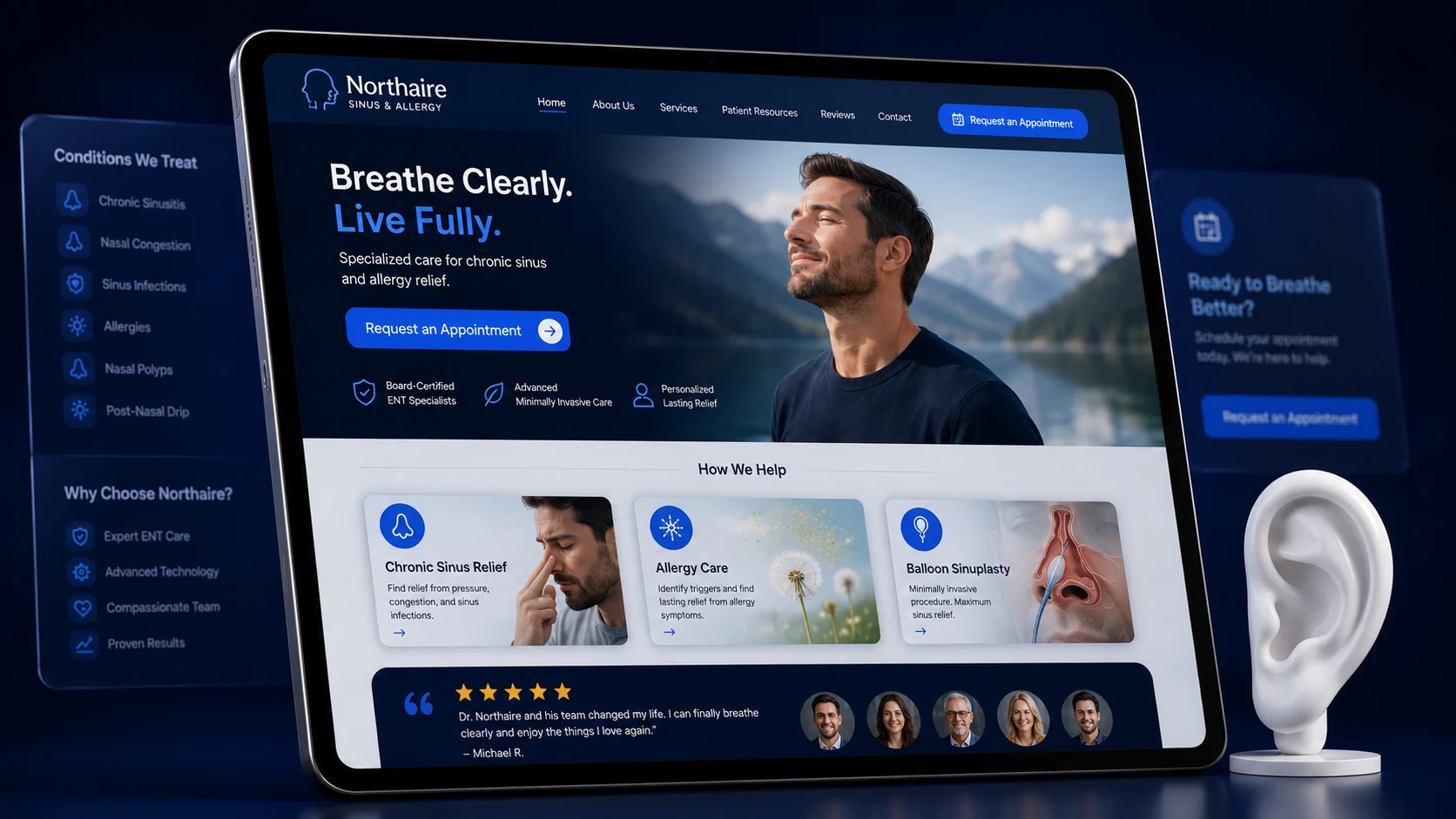 Sinus and allergy ENT practice website design concept on a tablet, designed by Proximity Ranker