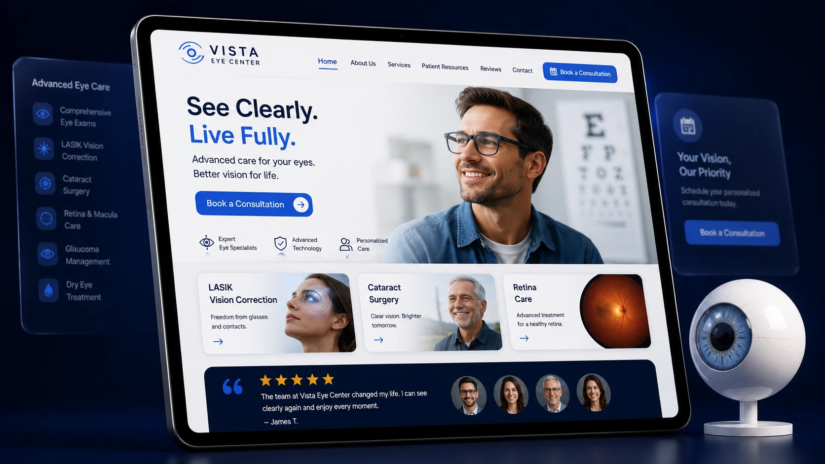 Comprehensive ophthalmology practice website design concept on a tablet, designed by Proximity Ranker