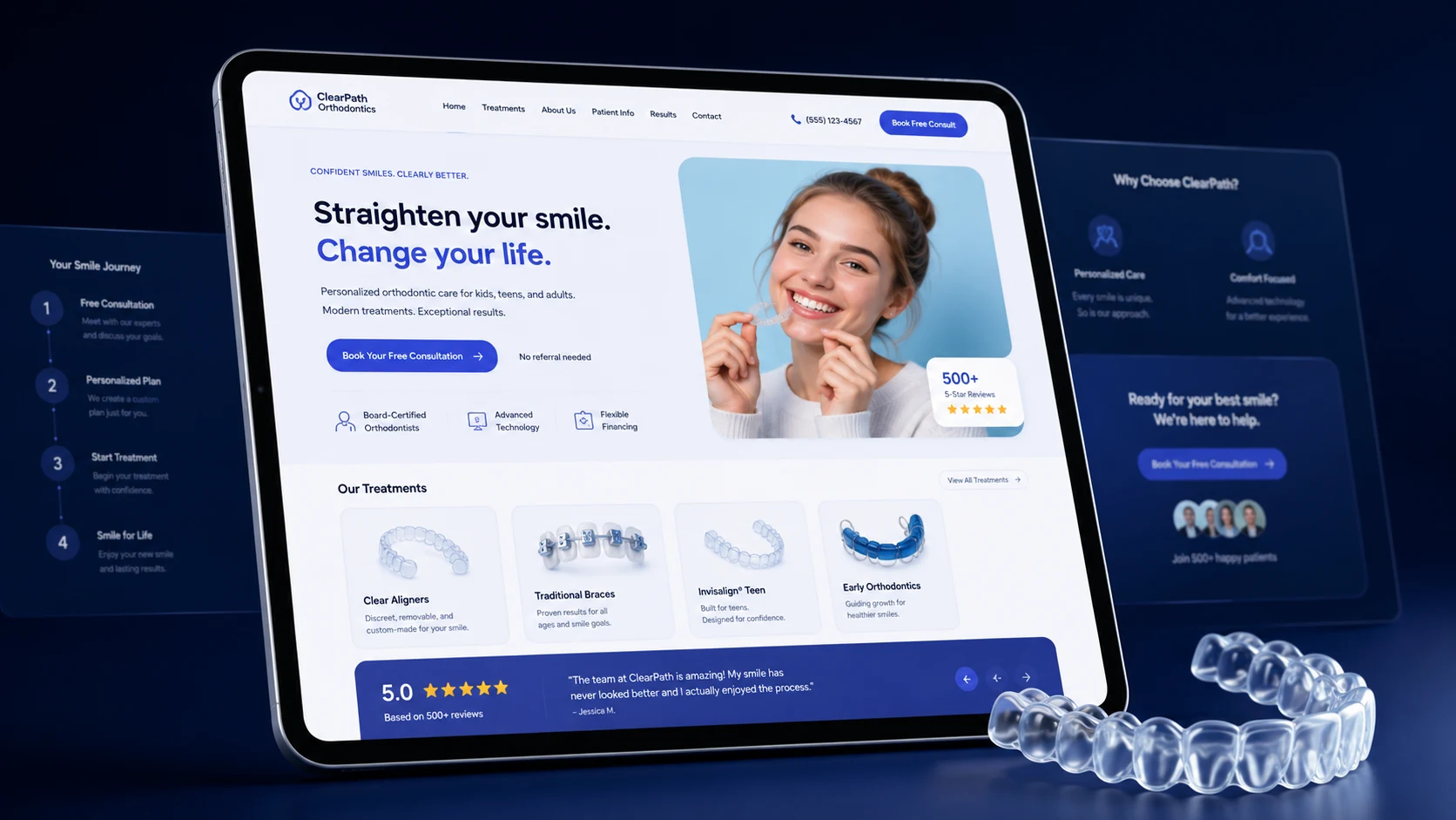 General orthodontic practice website design concept on a tablet, designed by Proximity Ranker
