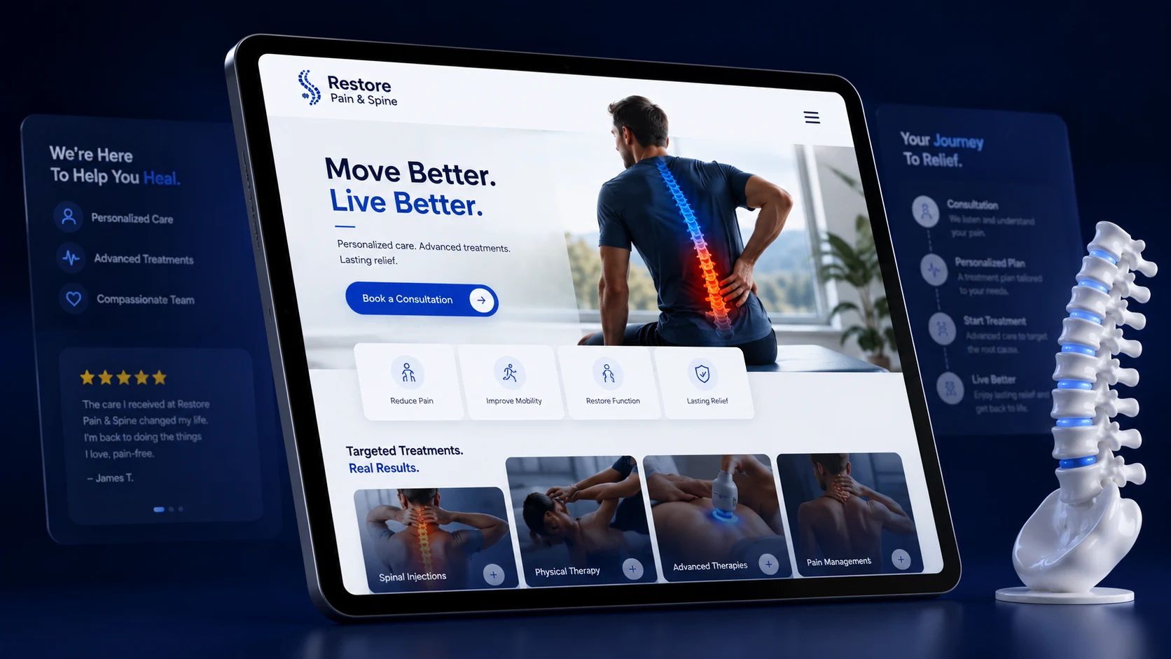 Interventional pain management practice website design concept on a tablet, designed by Proximity Ranker