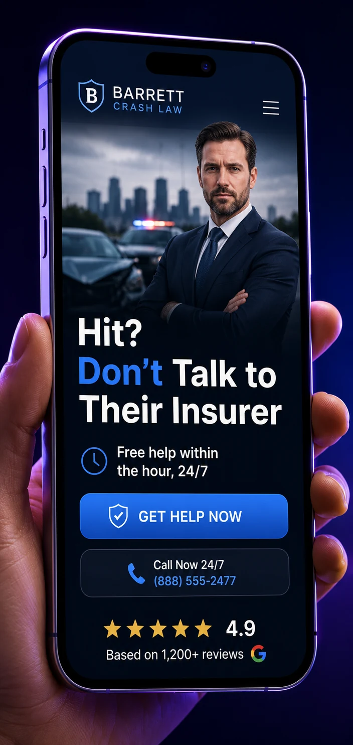 Mobile view of a car accident law firm website design concept on a smartphone, with a hero photo, a headline reading Hit, Don't Talk to Their Insurer, a free help within the hour line, a Get Help Now button and a 4.9 star review row, designed by Proximity Ranker