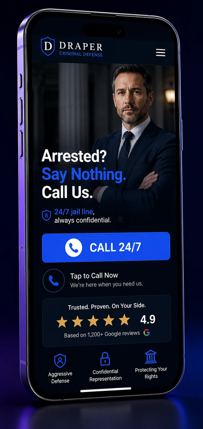 Mobile view of a criminal defense law firm website design concept on a smartphone, with a hero photo, a headline reading Arrested, Say Nothing, Call Us, a 24/7 jail line label, a Call 24/7 button and a 4.9 star review row, designed by Proximity Ranker
