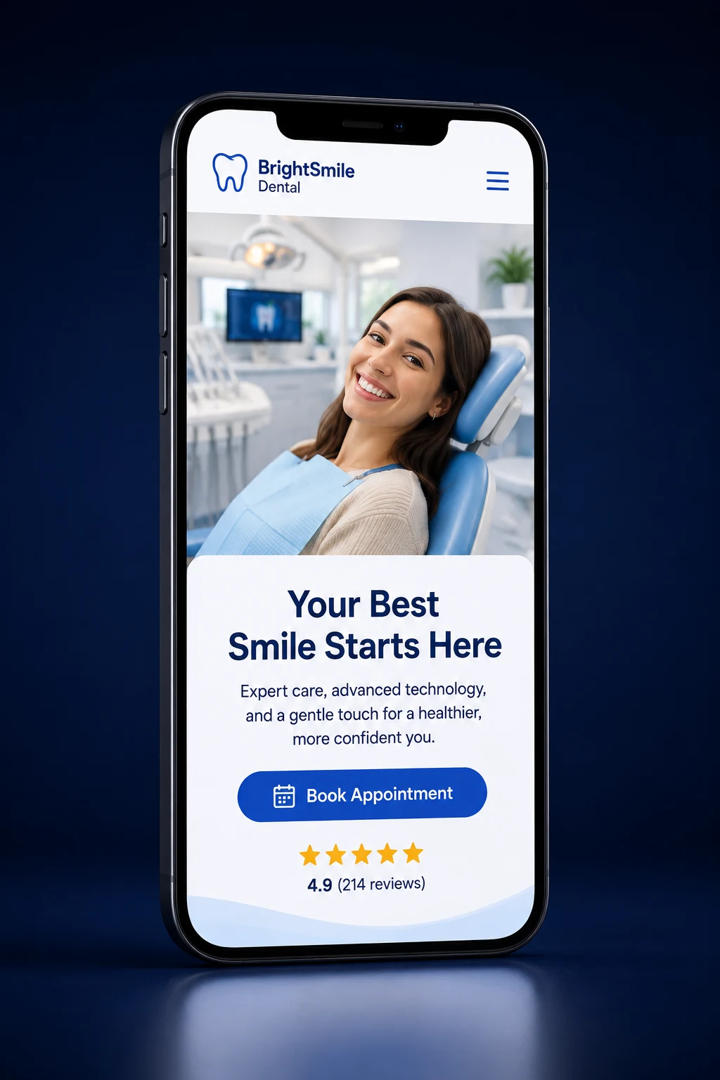 Mobile view of a dental practice website design concept on a smartphone, with a hero photo, headline, Book Appointment button and a 4.9 star review row, designed by Proximity Ranker