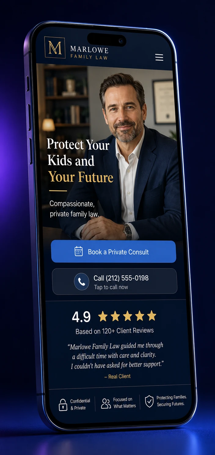 Mobile view of a divorce and family law firm website design concept on a smartphone, with a calm hero photo, a headline about protecting your kids and your future, a compassionate private family law line, a Book a Private Consult button and a 4.9 star review row, designed by Proximity Ranker