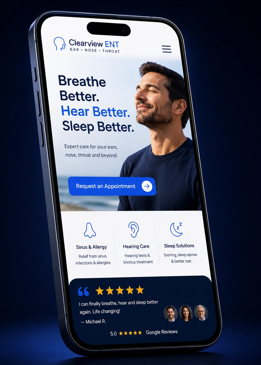 Mobile view of an ENT practice website design concept on a smartphone, with a hero photo, a headline about breathing, hearing and sleeping better, a Request an Appointment button and a 4.9 star review row, designed by Proximity Ranker