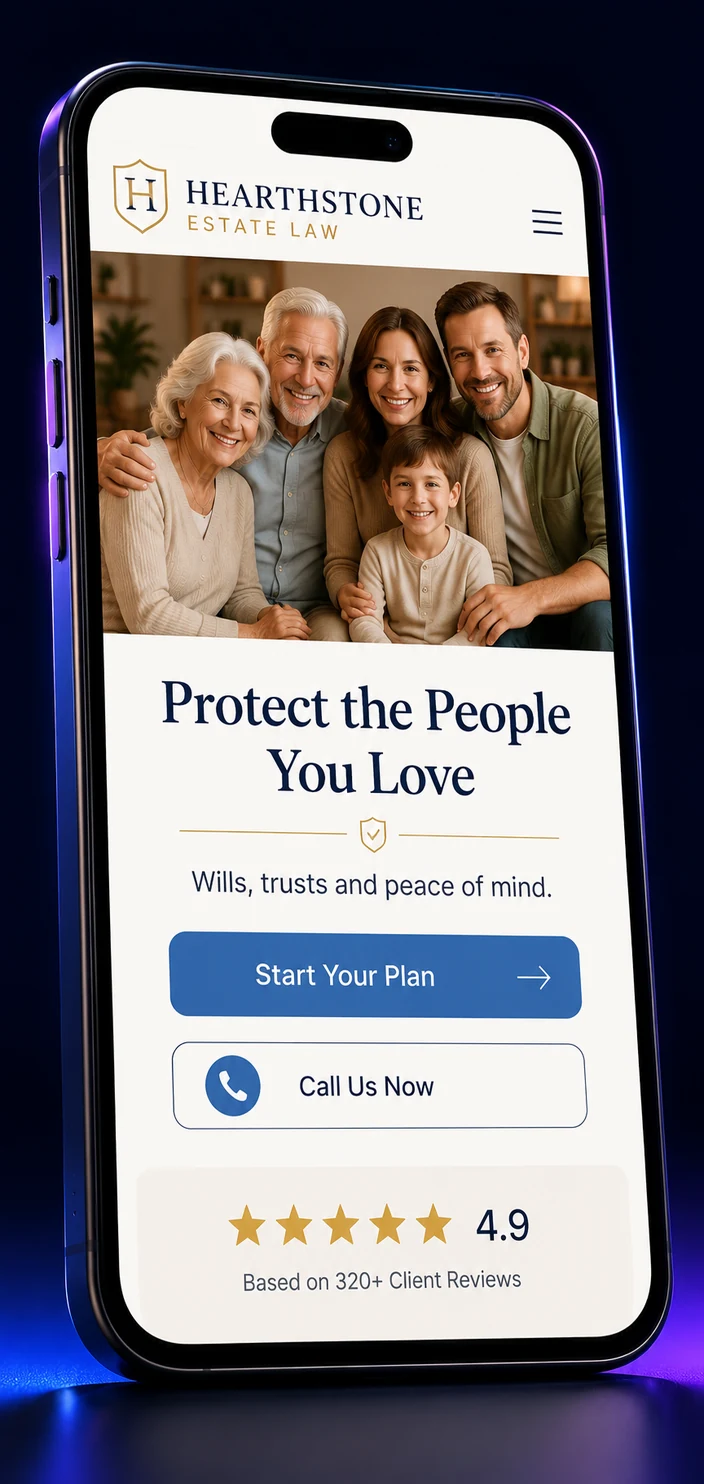 Mobile view of an estate planning law firm website design concept on a smartphone, with a warm hero photo, a headline about protecting the people you love, a wills and trusts line, a Start Your Plan button and a 4.9 star review row, designed by Proximity Ranker