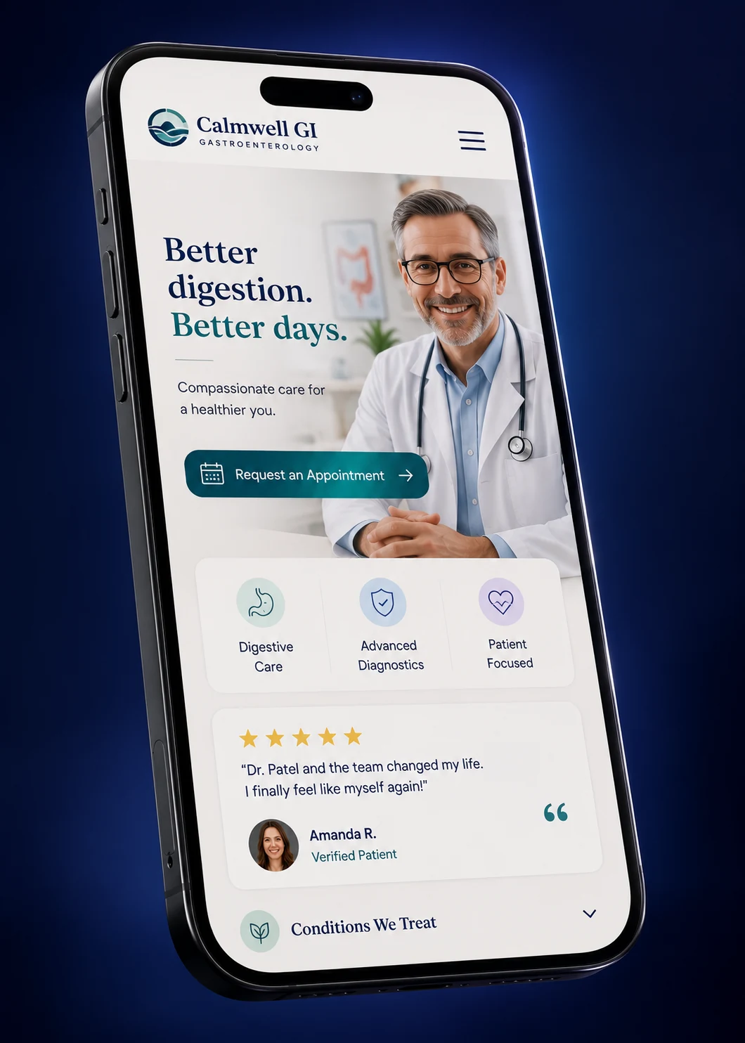 Mobile view of a gastroenterology practice website design concept on a smartphone, with a hero photo, a reassuring headline, a Request an Appointment button and a 4.9 star review row, designed by Proximity Ranker