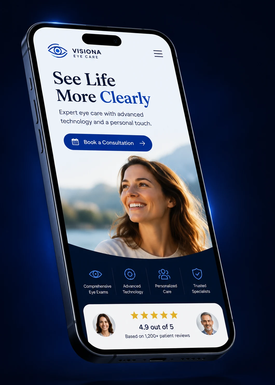 Mobile view of an ophthalmology practice website design concept on a smartphone, with a hero photo, a headline about seeing life more clearly, a Book a Consultation button and a 4.9 star review row, designed by Proximity Ranker