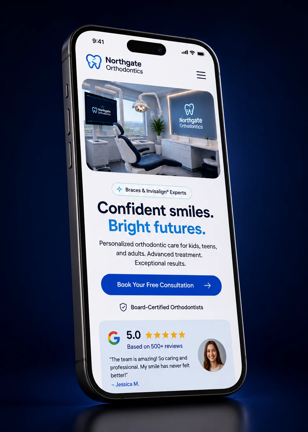Mobile view of an orthodontic practice website design concept on a smartphone, with a hero photo, headline, Book Free Consult button and a 4.9 star review row, designed by Proximity Ranker
