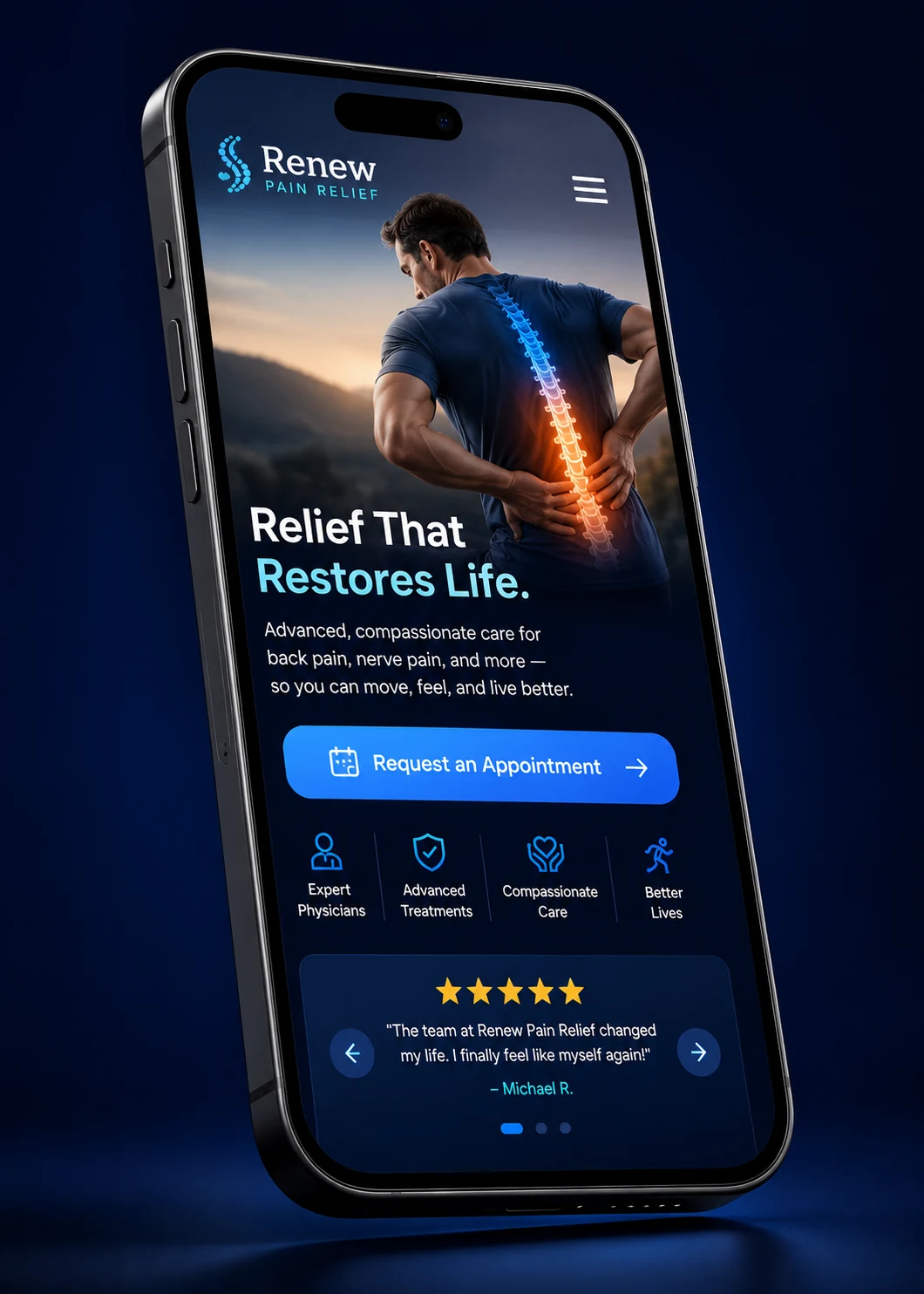 Mobile view of a pain management practice website design concept on a smartphone, with a hero photo, a credible headline, a Request an Appointment button and a 4.9 star review row, designed by Proximity Ranker