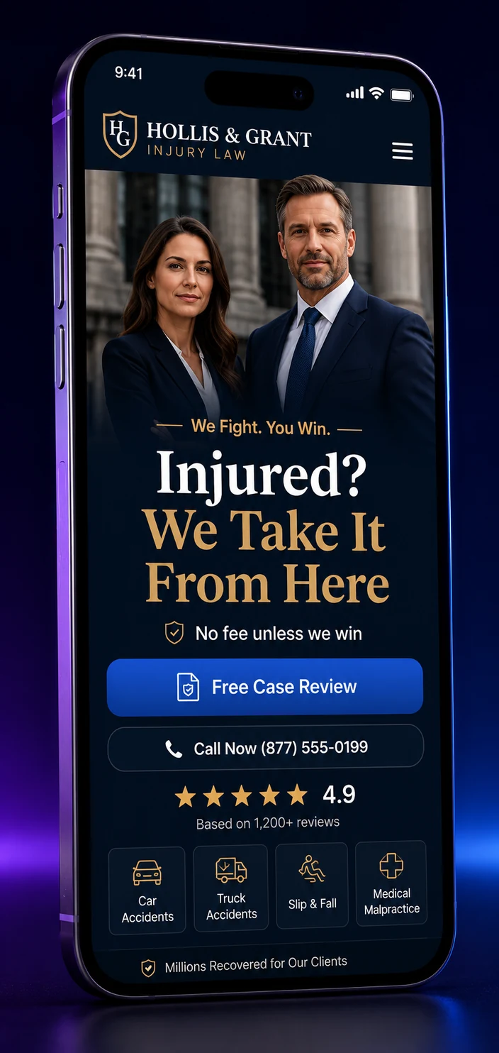 Mobile view of a personal injury law firm website design concept on a smartphone, with a hero photo, a headline reading Injured, We Take It From Here, a no fee unless we win line, a Free Case Review button and a 4.9 star review row, designed by Proximity Ranker